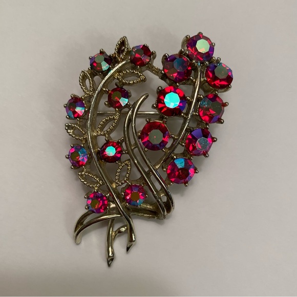 CORO FLORAL RED AURORA BOREALIS AB FLOWERS LEAVES Goldtone Vintage SIGNED 2-1/4" - Picture 3 of 14